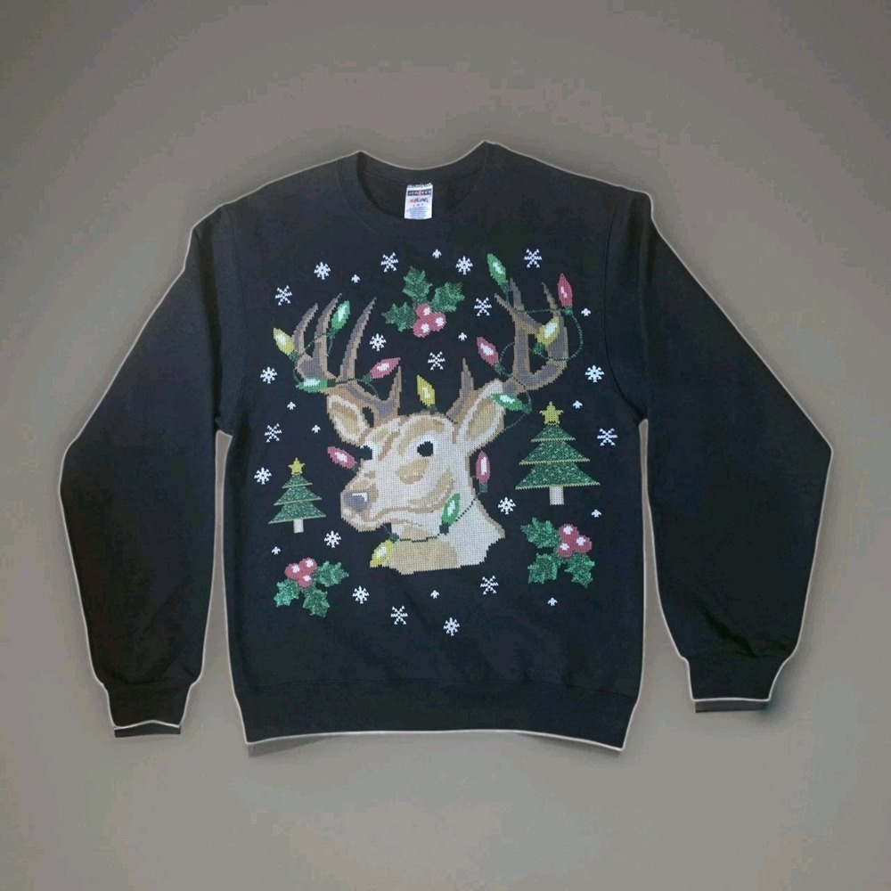 Ugly Christmas Sweater Reindeer Lights Mens Small Black Holiday Jerzees
